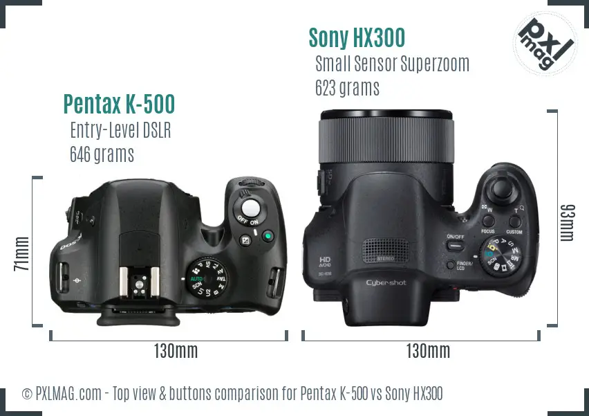 Pentax K-500 vs Sony HX300 top view buttons comparison