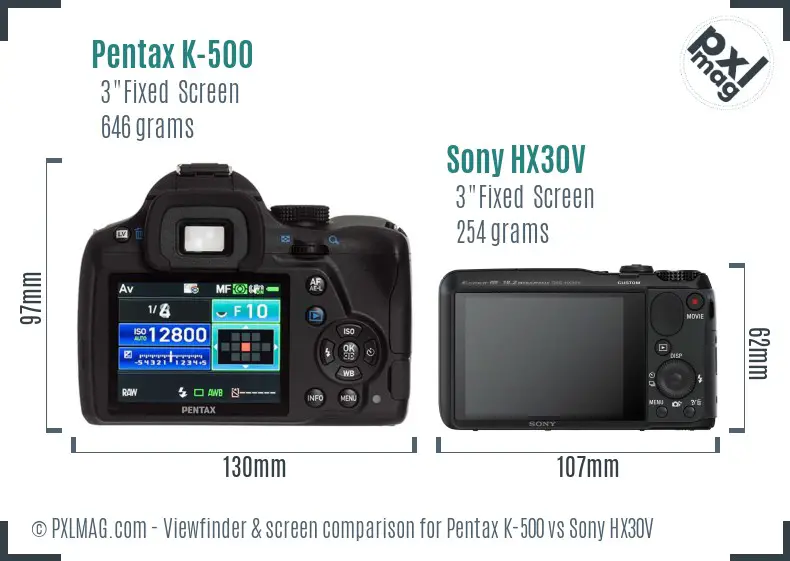 Pentax K-500 vs Sony HX30V Screen and Viewfinder comparison