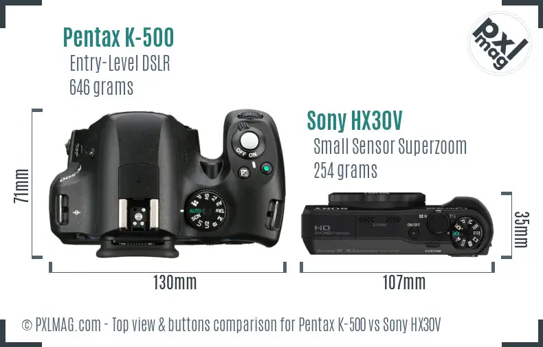 Pentax K-500 vs Sony HX30V top view buttons comparison