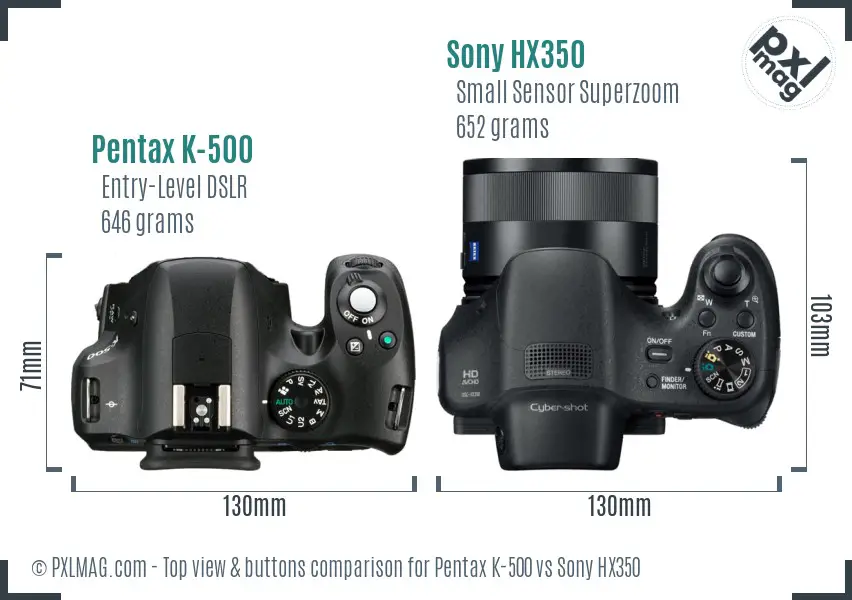 Pentax K-500 vs Sony HX350 top view buttons comparison Pentax K-500 vs Sony HX350 top view buttons comparison