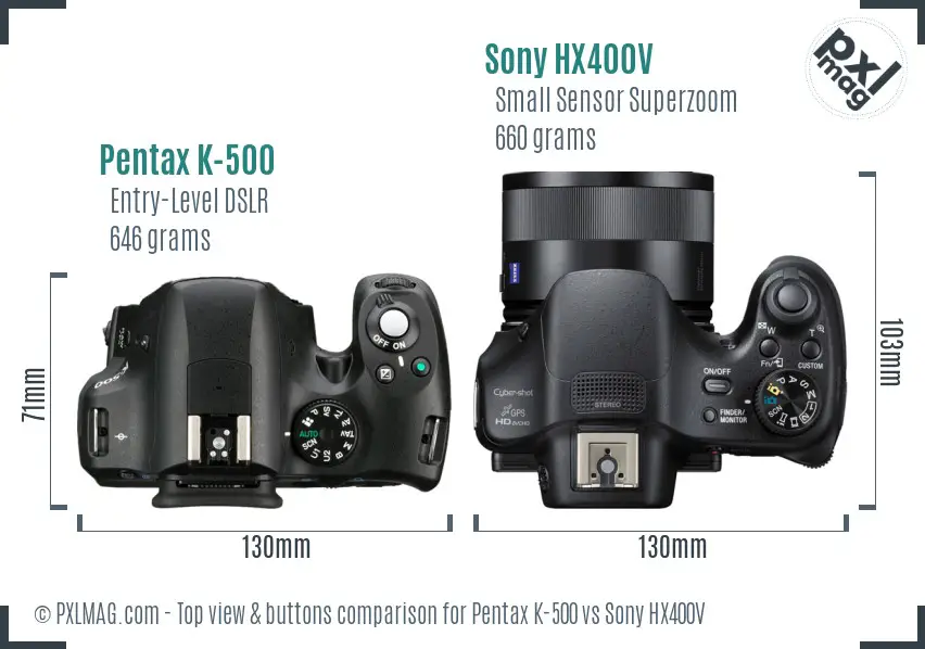 Pentax K-500 vs Sony HX400V top view buttons comparison