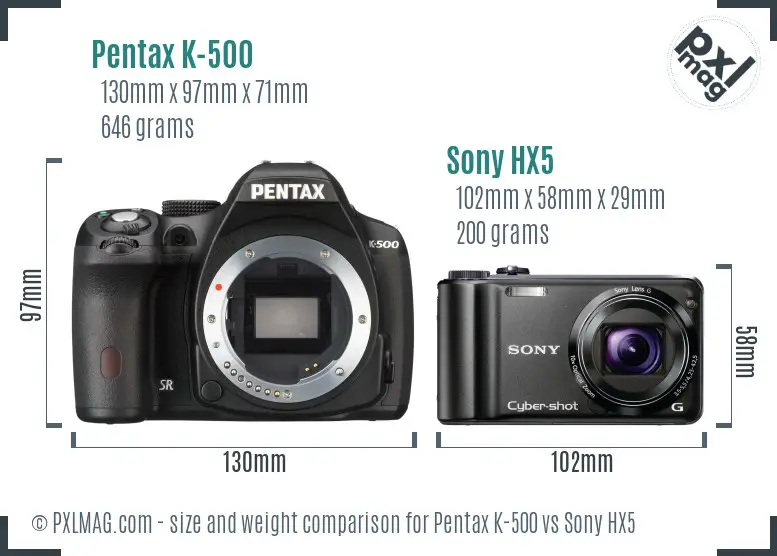 Pentax K-500 vs Sony HX5 size comparison Pentax K-500 vs Sony HX5 size comparison