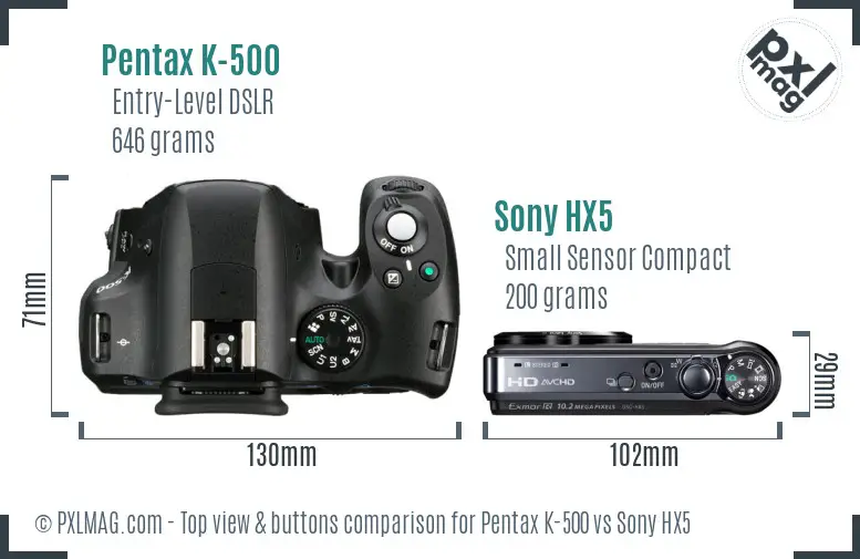 Pentax K-500 vs Sony HX5 top view buttons comparison Pentax K-500 vs Sony HX5 top view buttons comparison