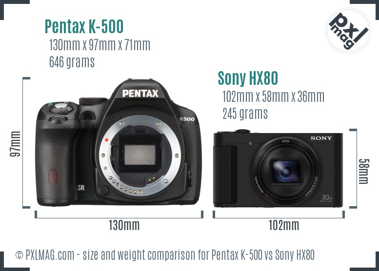 Pentax K-500 vs Sony HX80 size comparison Pentax K-500 vs Sony HX80 size comparison