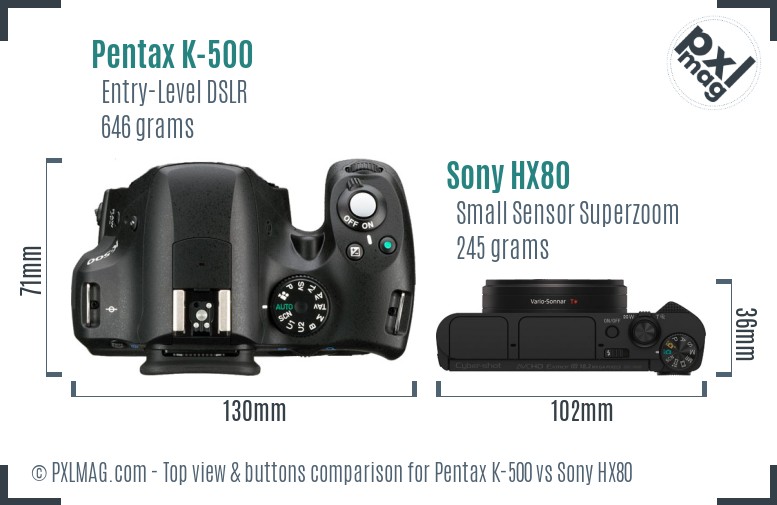 Pentax K-500 vs Sony HX80 top view buttons comparison