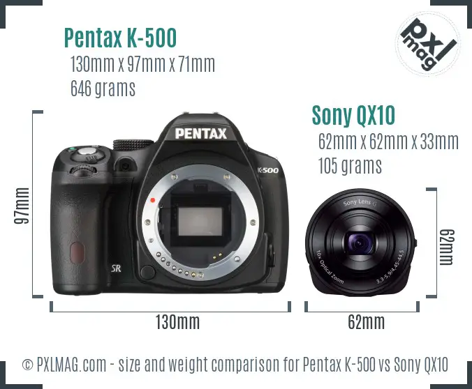 Pentax K-500 vs Sony QX10 size comparison Pentax K-500 vs Sony QX10 size comparison
