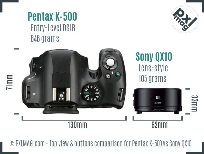 Pentax K-500 vs Sony QX10 top view buttons comparison