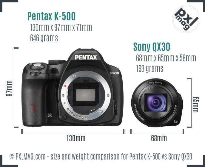 Pentax K-500 vs Sony QX30 size comparison Pentax K-500 vs Sony QX30 size comparison