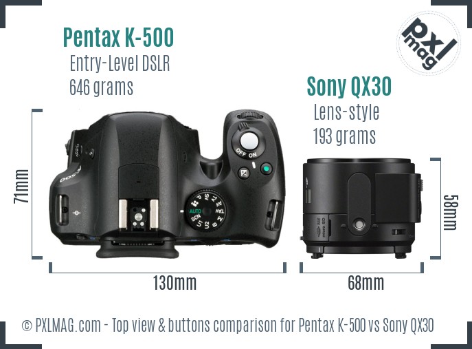 Pentax K-500 vs Sony QX30 top view buttons comparison