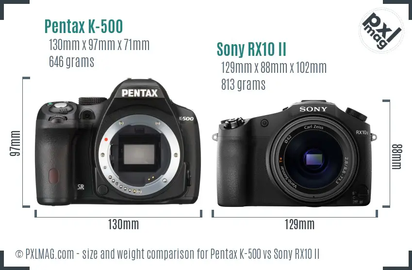 Pentax K-500 vs Sony RX10 II size comparison
