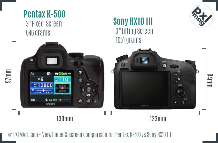 Pentax K-500 vs Sony RX10 III Screen and Viewfinder comparison