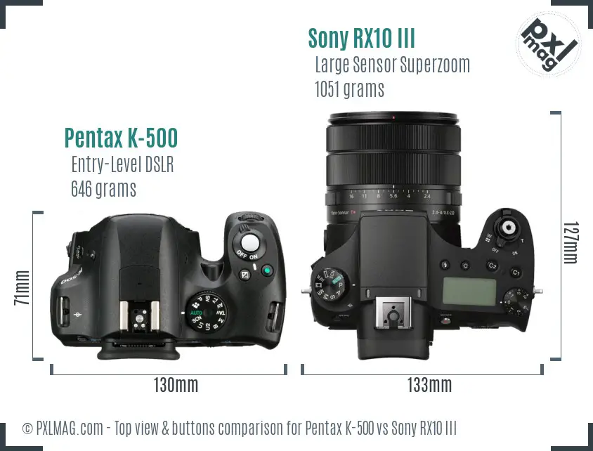 Pentax K-500 vs Sony RX10 III top view buttons comparison