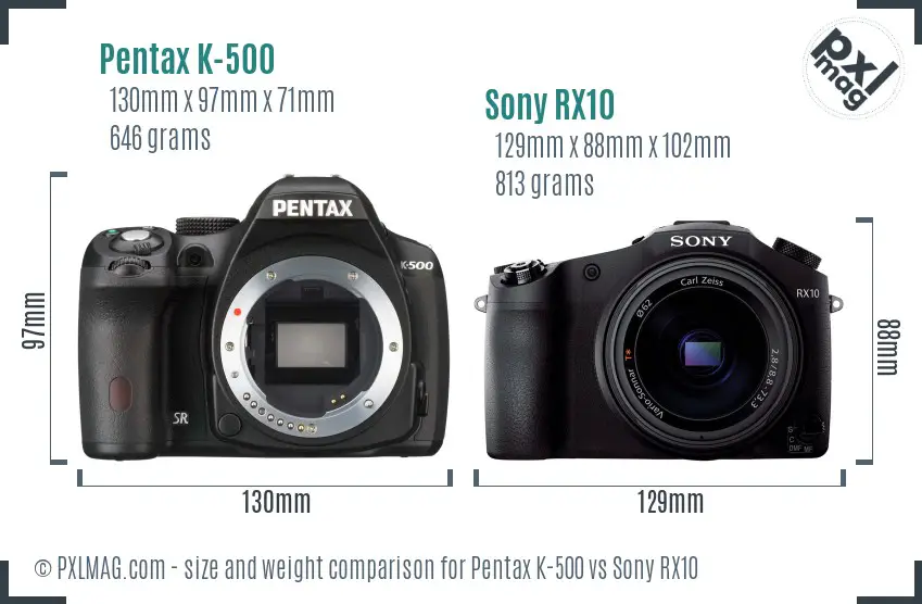 Pentax K-500 vs Sony RX10 size comparison