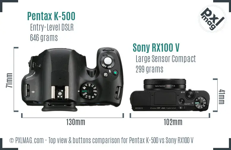 Pentax K-500 vs Sony RX100 V top view buttons comparison Pentax K-500 vs Sony RX100 V top view buttons comparison