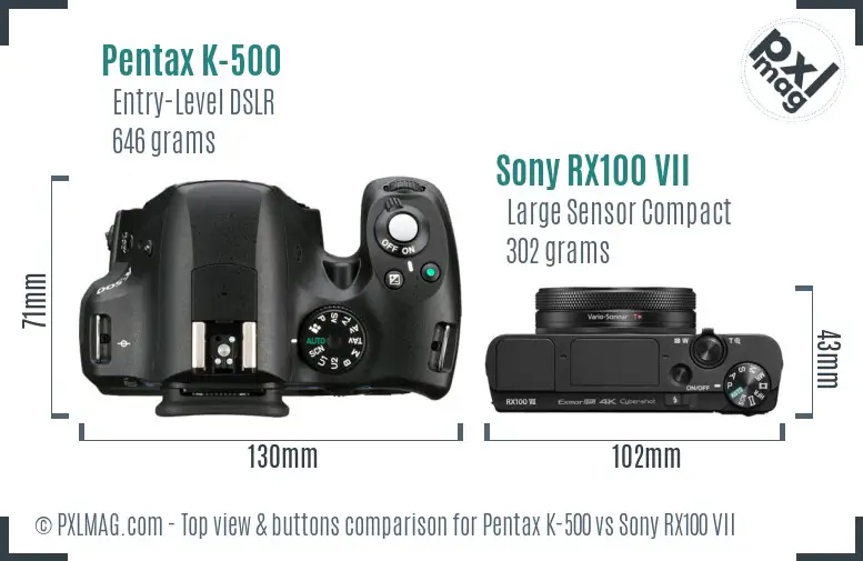 Pentax K-500 vs Sony RX100 VII top view buttons comparison