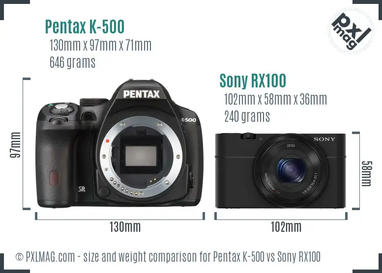 Pentax K-500 vs Sony RX100 size comparison Pentax K-500 vs Sony RX100 size comparison