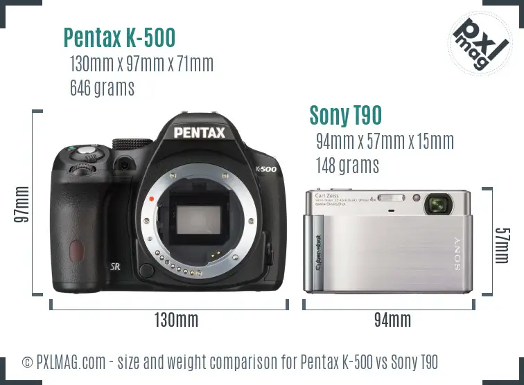 Pentax K-500 vs Sony T90 size comparison