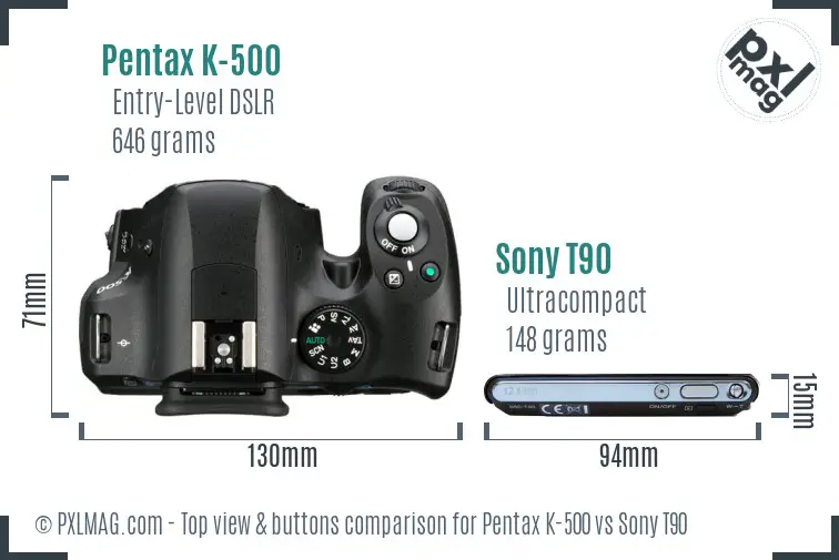 Pentax K-500 vs Sony T90 top view buttons comparison