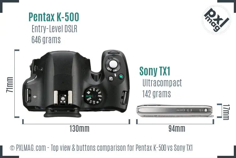 Pentax K-500 vs Sony TX1 top view buttons comparison