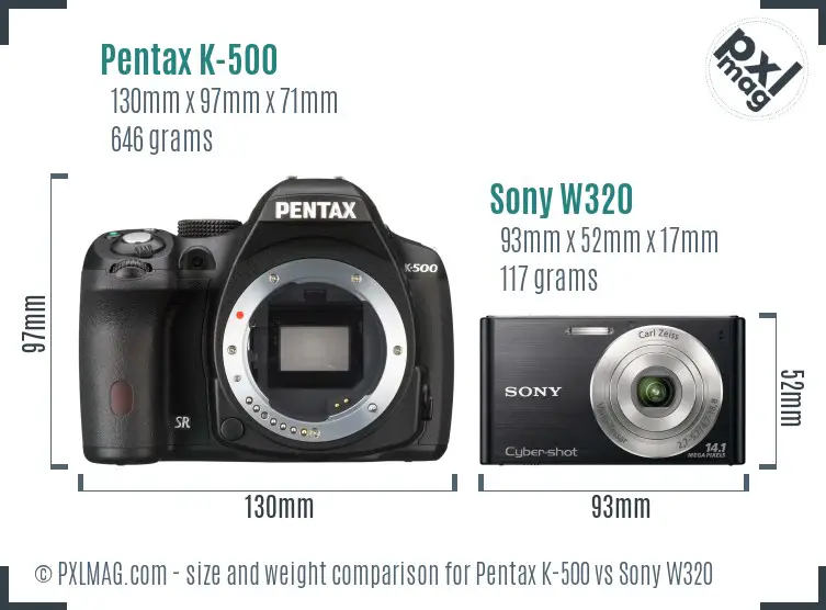 Pentax K-500 vs Sony W320 size comparison