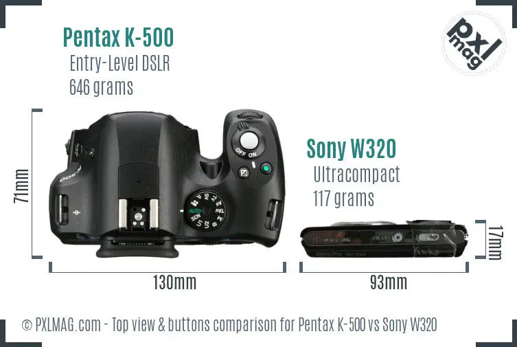 Pentax K-500 vs Sony W320 top view buttons comparison