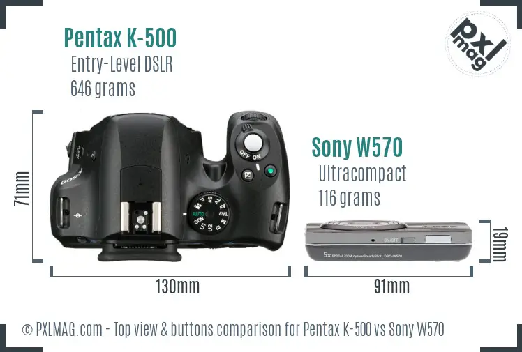 Pentax K-500 vs Sony W570 top view buttons comparison