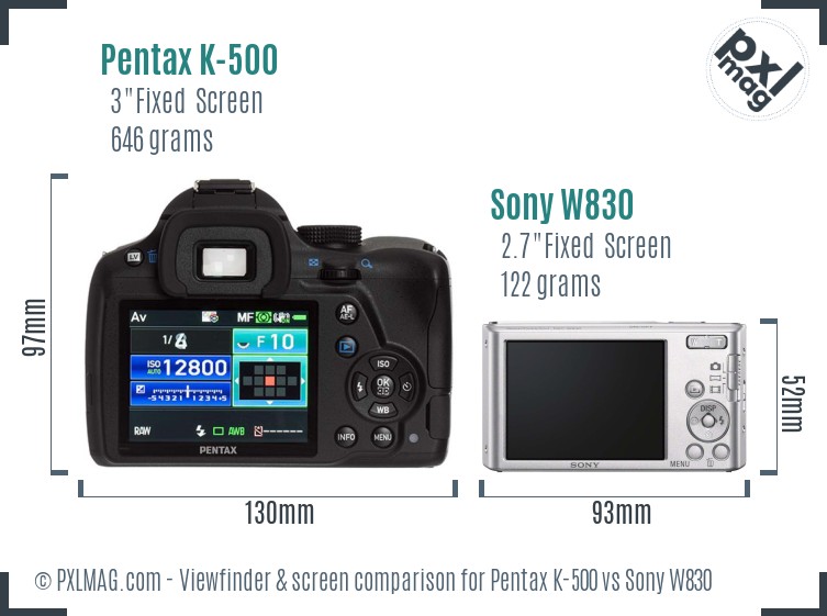 Pentax K-500 vs Sony W830 Screen and Viewfinder comparison