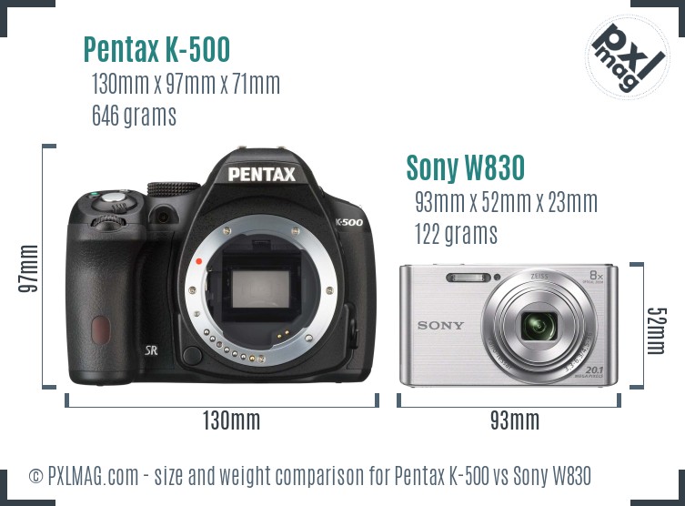 Pentax K-500 vs Sony W830 size comparison