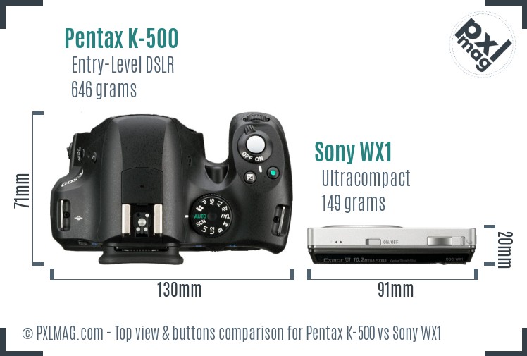 Pentax K-500 vs Sony WX1 top view buttons comparison