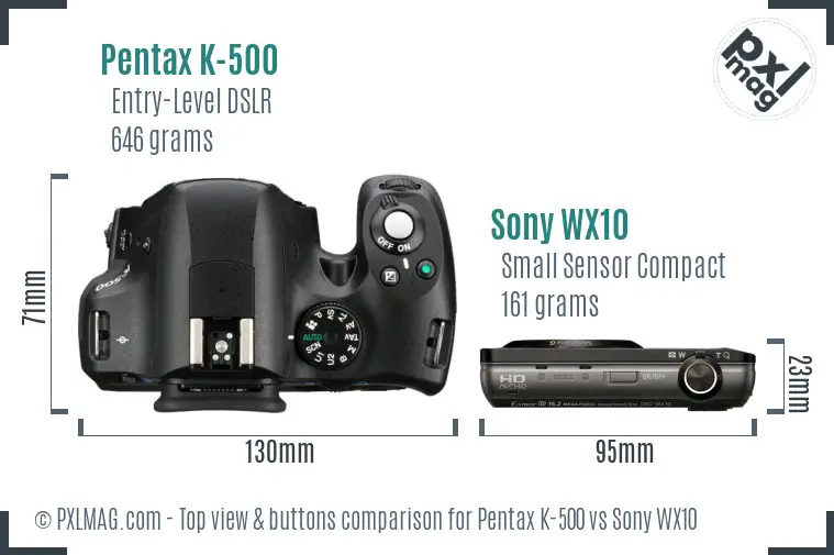 Pentax K-500 vs Sony WX10 top view buttons comparison