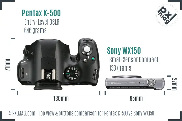 Pentax K-500 vs Sony WX150 top view buttons comparison