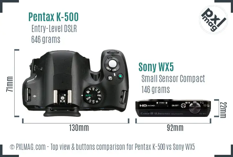 Pentax K-500 vs Sony WX5 top view buttons comparison