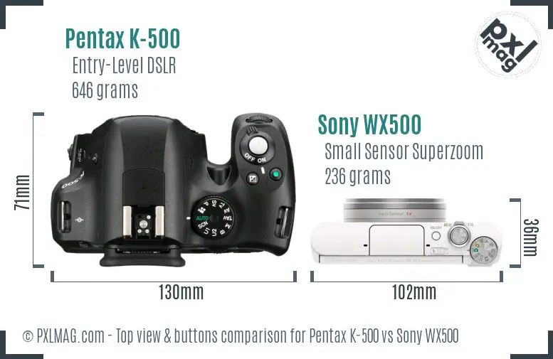 Pentax K-500 vs Sony WX500 top view buttons comparison