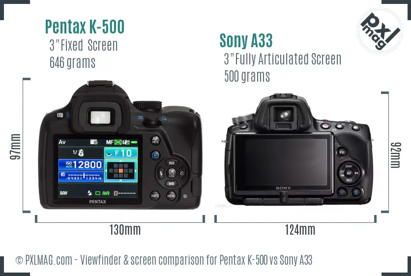 Pentax K-500 vs Sony A33 Screen and Viewfinder comparison