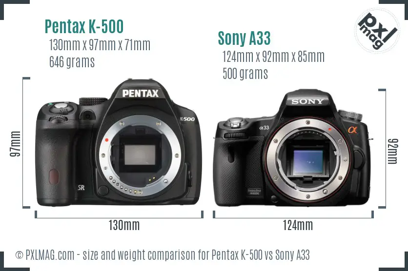 Pentax K-500 vs Sony A33 size comparison