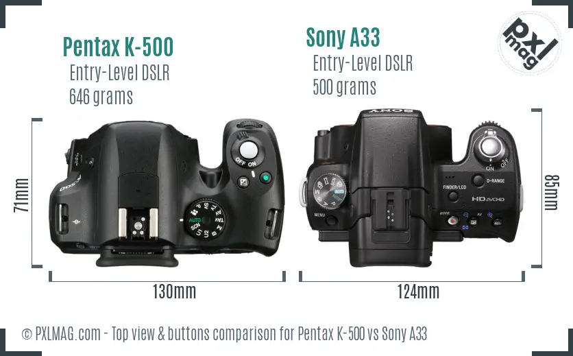 Pentax K-500 vs Sony A33 top view buttons comparison