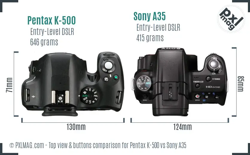 Pentax K-500 vs Sony A35 top view buttons comparison