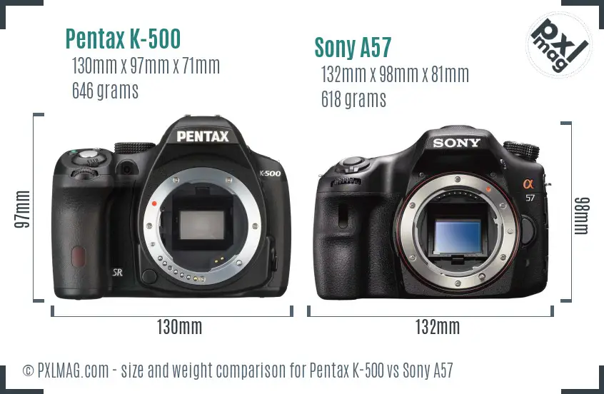 Pentax K-500 vs Sony A57 size comparison