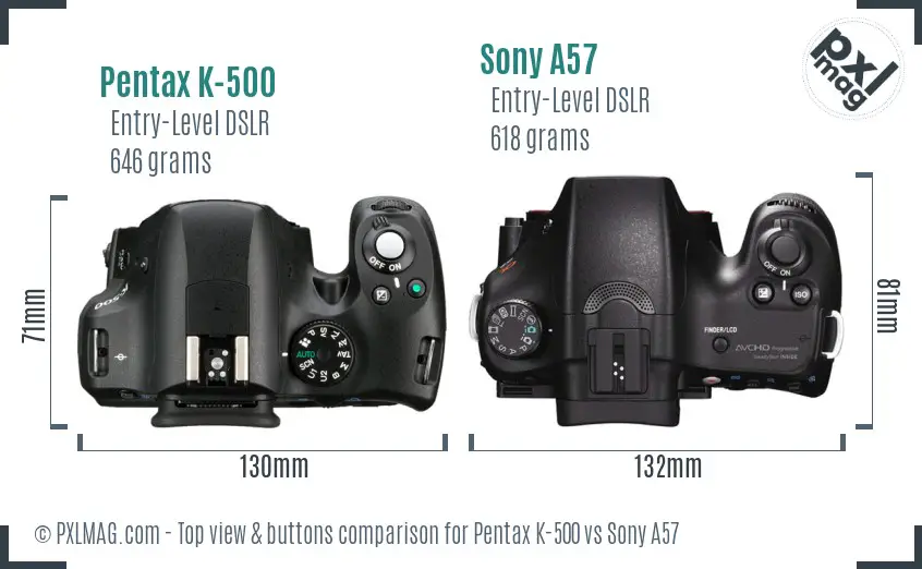 Pentax K-500 vs Sony A57 top view buttons comparison