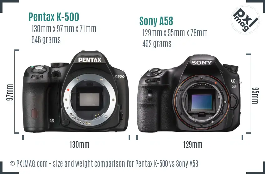 Pentax K-500 vs Sony A58 size comparison