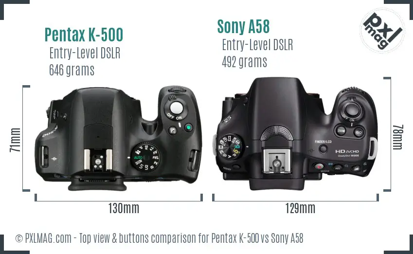 Pentax K-500 vs Sony A58 top view buttons comparison