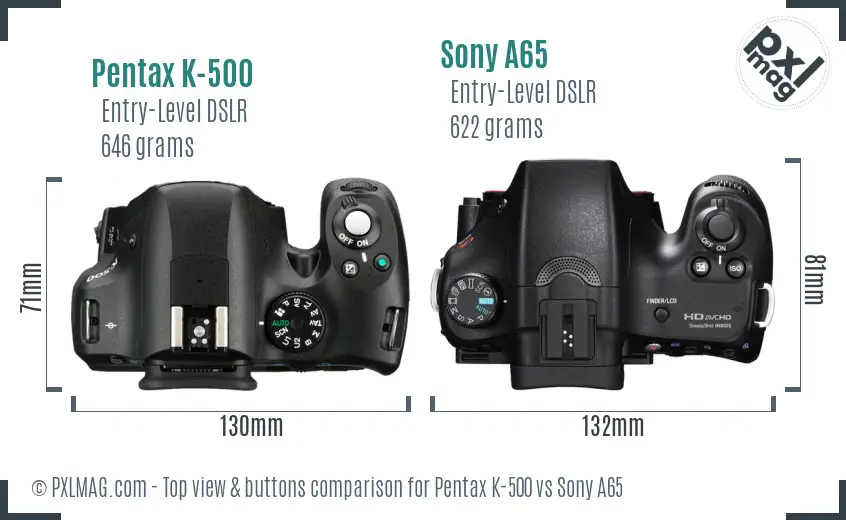 Pentax K-500 vs Sony A65 top view buttons comparison