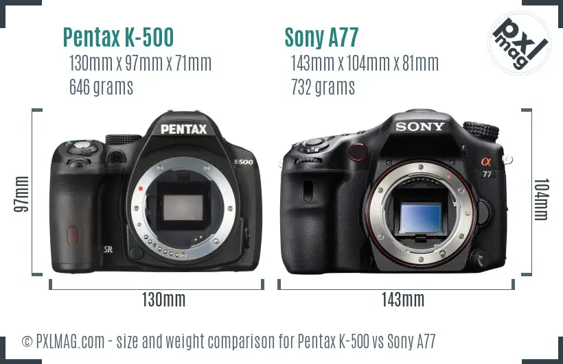 Pentax K-500 vs Sony A77 size comparison Pentax K-500 vs Sony A77 size comparison