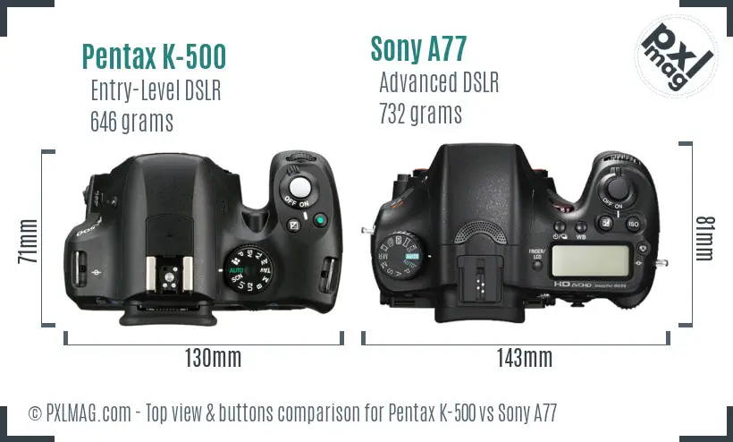Pentax K-500 vs Sony A77 top view buttons comparison Pentax K-500 vs Sony A77 top view buttons comparison
