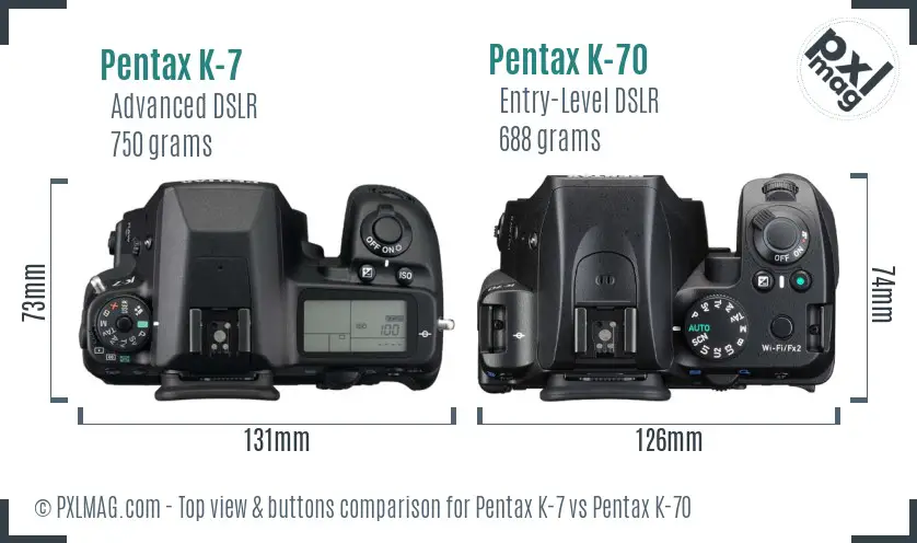Pentax K-7 vs Pentax K-70 top view buttons comparison