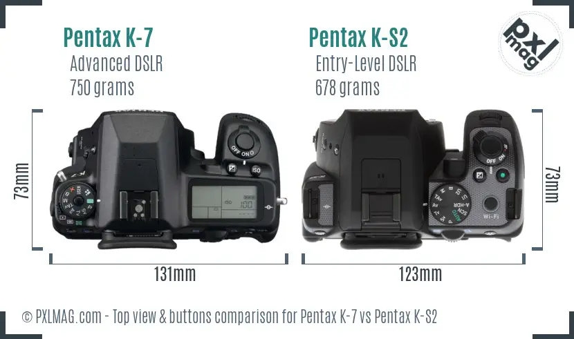 Pentax K-7 vs Pentax K-S2 top view buttons comparison