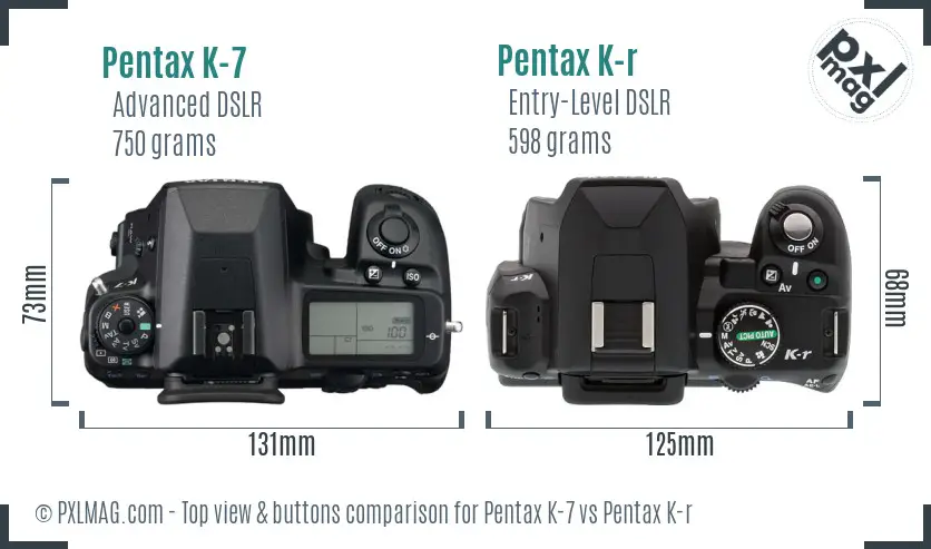 Pentax K-7 vs Pentax K-r top view buttons comparison