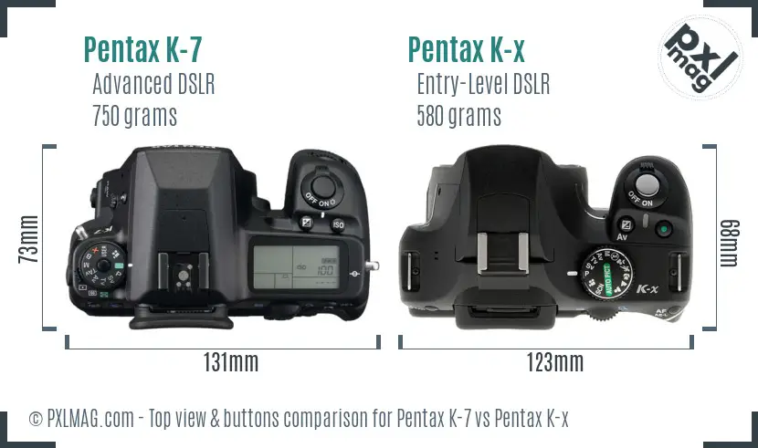 Pentax K-7 vs Pentax K-x top view buttons comparison