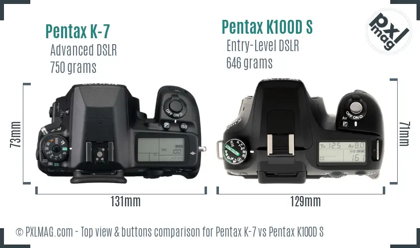 Pentax K-7 vs Pentax K100D S top view buttons comparison