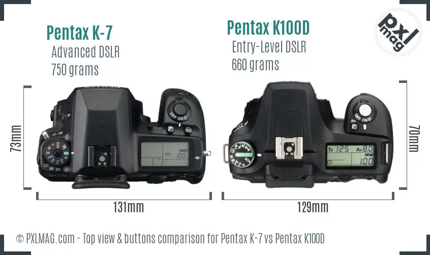 Pentax K-7 vs Pentax K100D top view buttons comparison